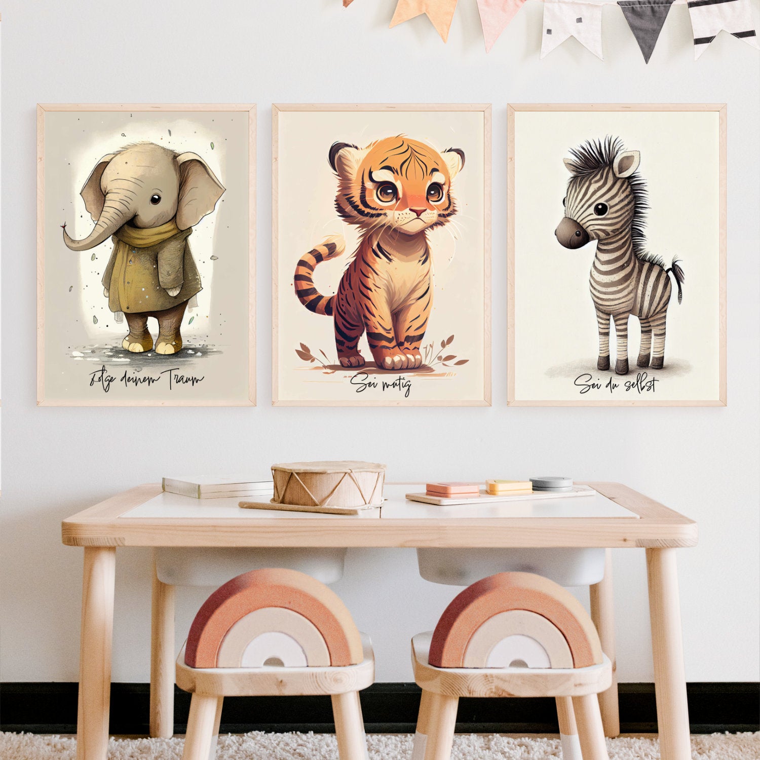Babyposter 3er Set Poster Creative Kinderzimmer – Elefant, Tiger, Zebra Bundle Locker Tier